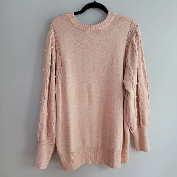 peach pink‎ 2X crew neck sweater balloon sleeve pearl embellishments glam - Picture 2 of 10